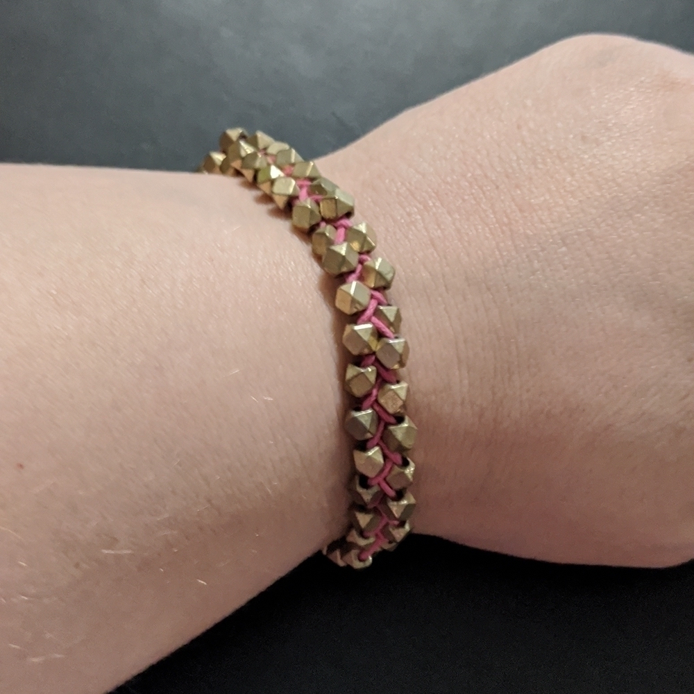 Gold Tone Diamond Cut Faceted Beaded Pink Cord Statement Bracelet
